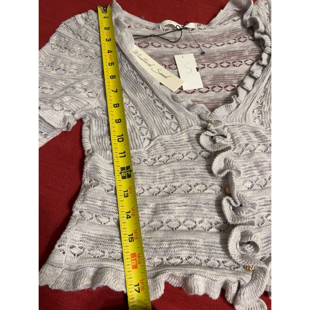 Mustard Seed NEW Ruffle Cardigan Sweater Size S Gray Knit Long Sleeve Cropped Bu - Picture 4 of 11